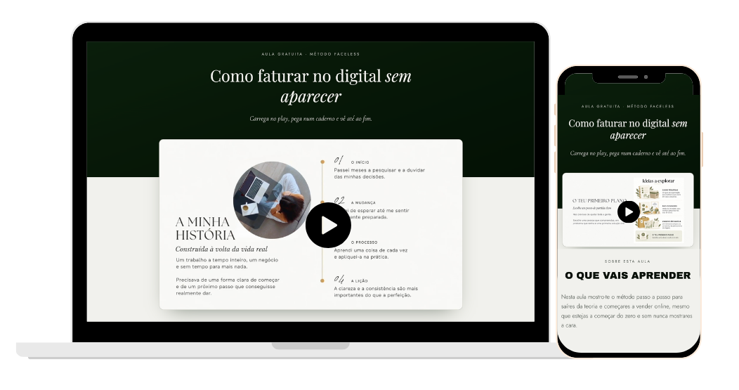 A aula gratuita vista num computador e num telemóvel